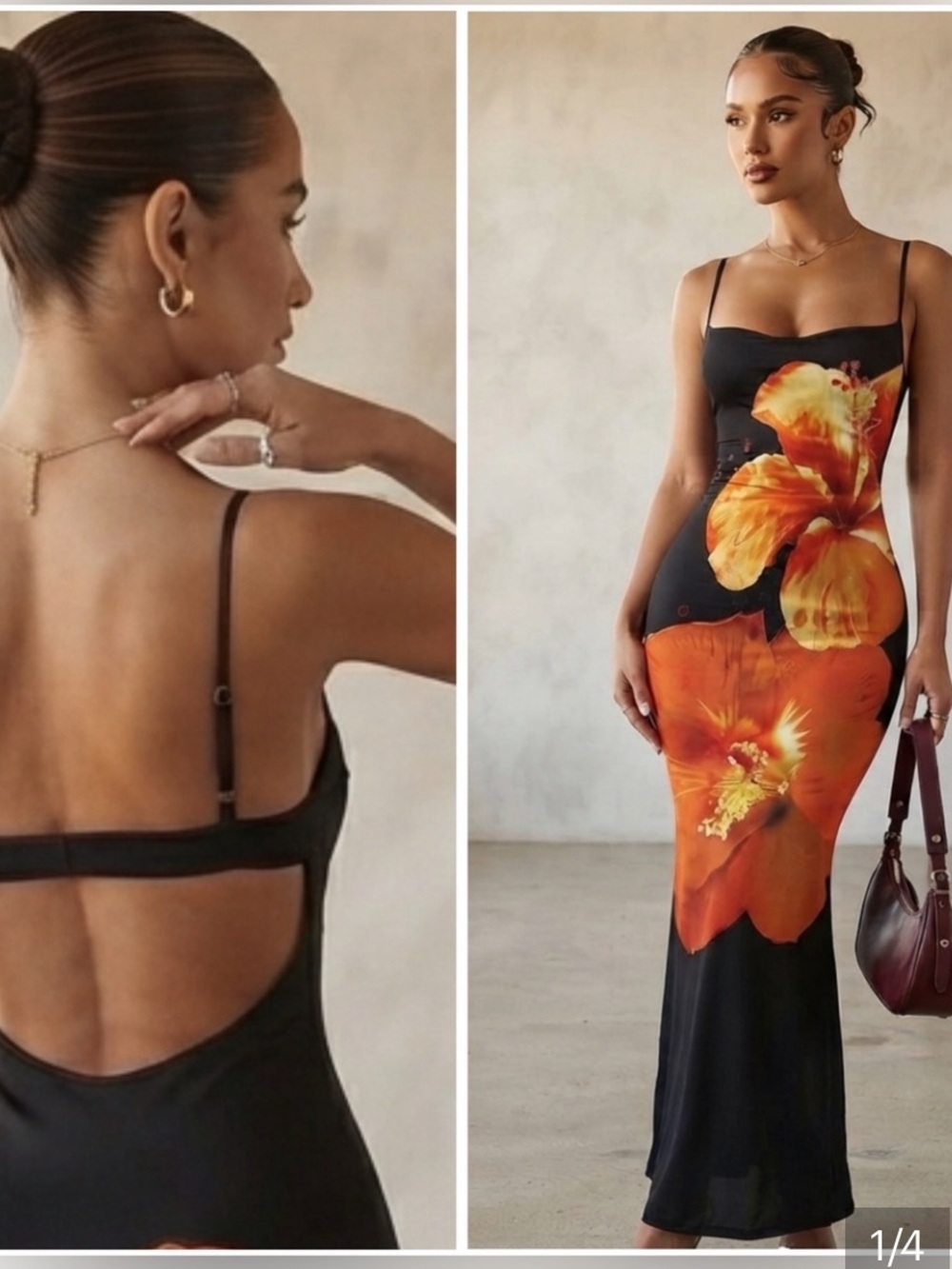 Stunning Black & Orange Floral Maxi Dress Spaghetti Strap Backless Slip Dress